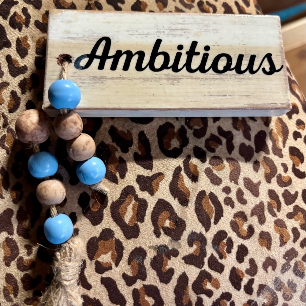 NWT….Ambitious Wooden Shelf sitter with Blue and Brown Beads